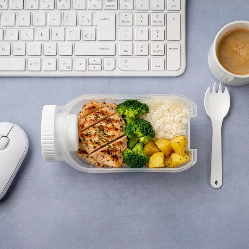 Pudełko na lunch z przegródką na sos, z łyżką i widelcem - biały (LT90427-N0001)