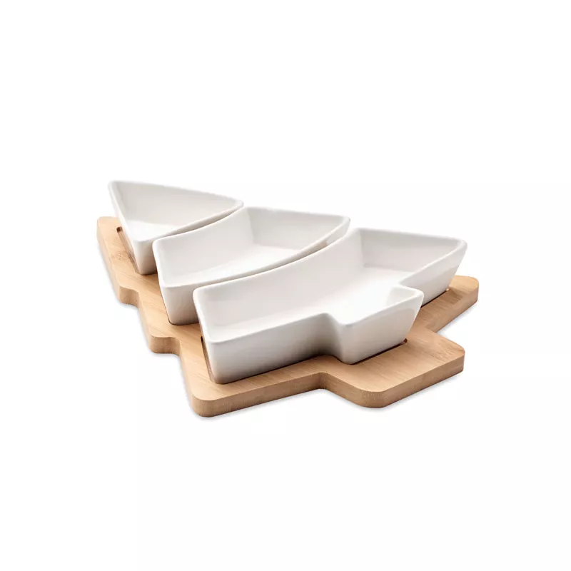 Taca bambusowa z 3 naczyniami ceramicznymi VIRAM - Bialy (CX1502-06)