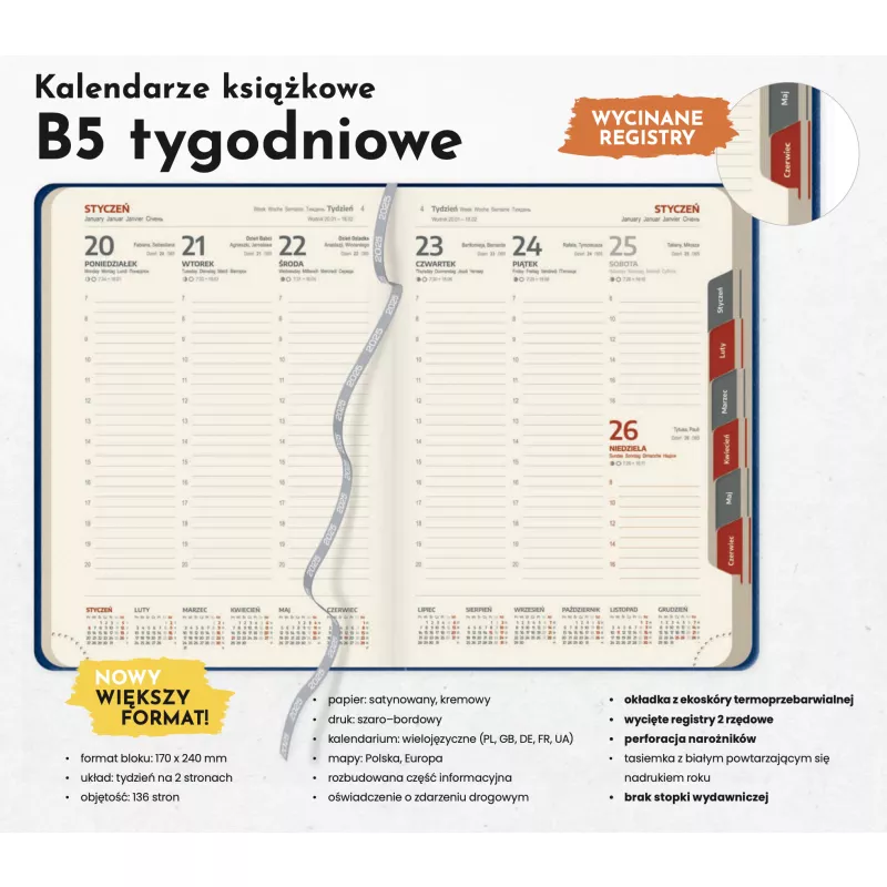 Kalendarz książkowy B5 TYGODNIOWY z registrami - Szary (B5-TYG-KK40)