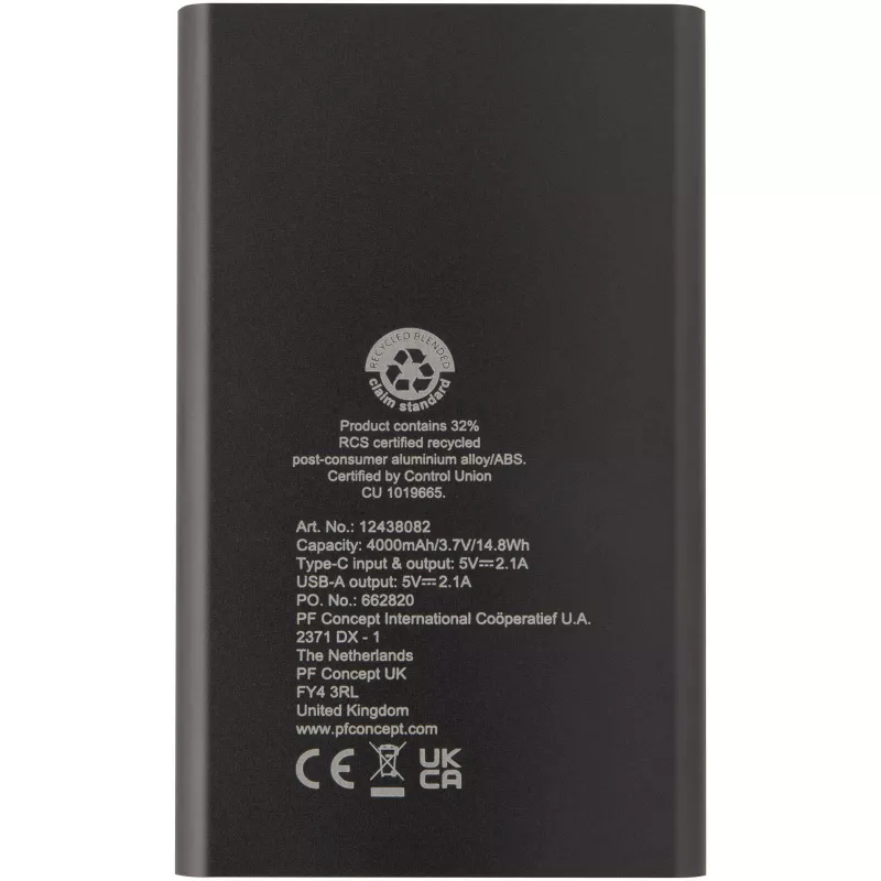 Pep powerbank o pojemności 4000 mAh Type-C z aluminium pochodzącego z recyklingu  - Tytanowy (12438082)