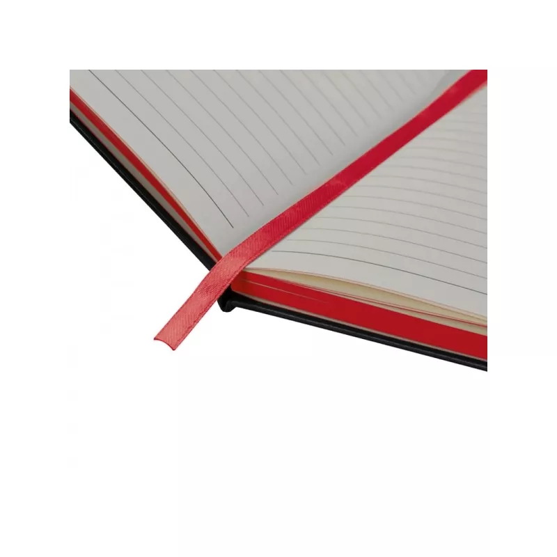 Czarny notes A5 z czerwoną gumką i zakładką, krawędzie kartek czerwone
