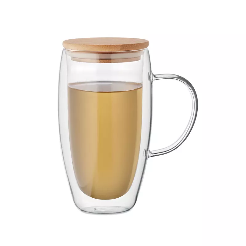 Kubek szklany dwuścienny z pokrywką 450 ml TEROL - Przezroczysty (MO2673-22)
