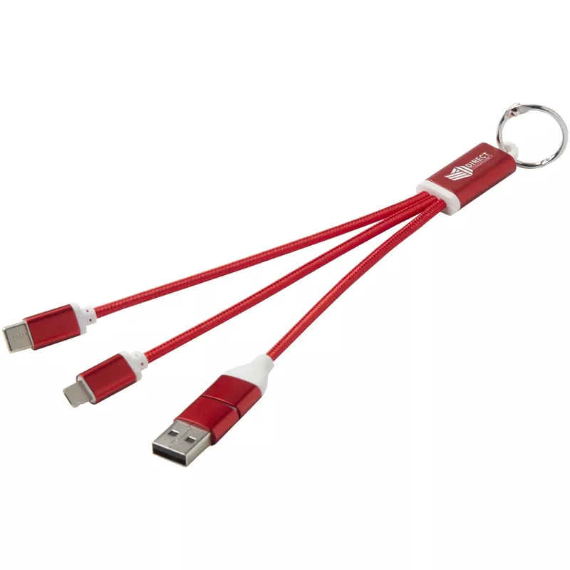 Metal kabel do ładowania 4 w 1 z aluminium z recyklingu z łańcuchem do kluczy - Czerwony (12438221)