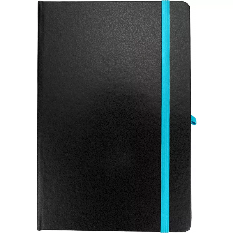 Czarny notes A5 z turkusową gumką i zakładką, krawędzie kartek turkusowe