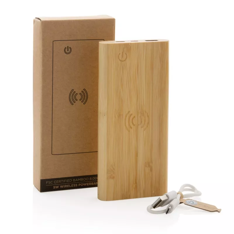 Bambusowy, bezprzewodowy power bank 8000 mAh, ładowarka bezprzewodowa 5W - brązowy (P322.359)