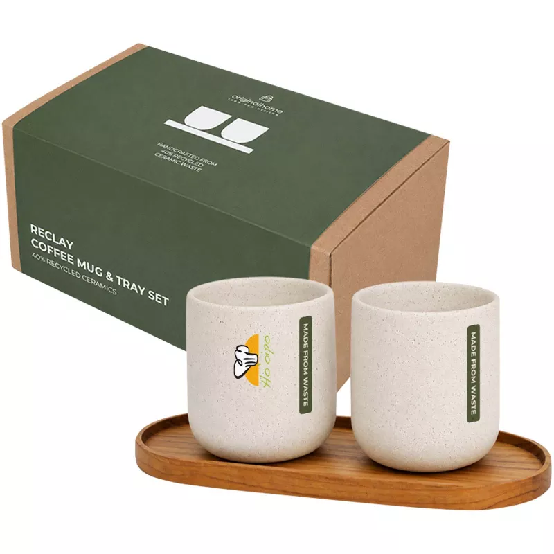 Zestaw składający się z owalnej drewnianej tacy Originalhome i ceramicznych kubków o pojemności 150 ml - Drewno (12643771)