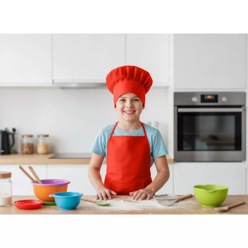 Zestaw małego kucharza, fartuch kuchenny i czapka kucharska, rozmiar dziecięcy | Nedina - czerwony (VA063-05)