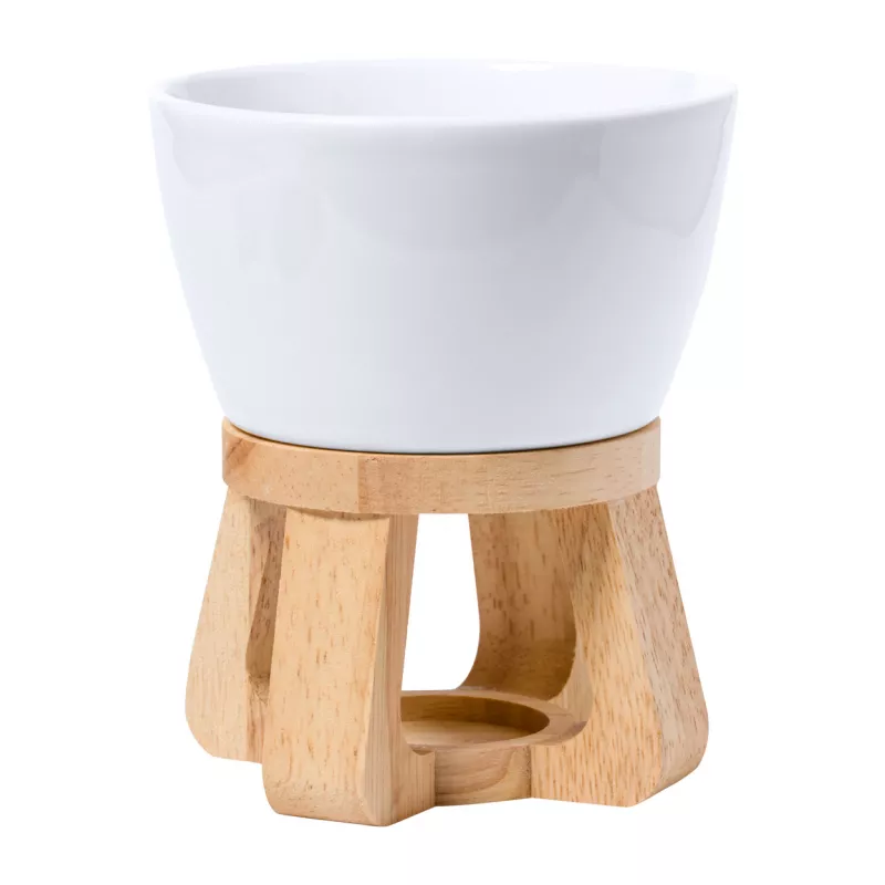 Ceramiczny zestaw do fondue z drewnianym stojakiem i 4 widelcami Helvet - naturalny (AP733693)
