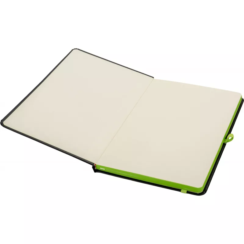 Czarny notes A5 z limonkową gumką i zakładką, krawędzie kartek limonkowe