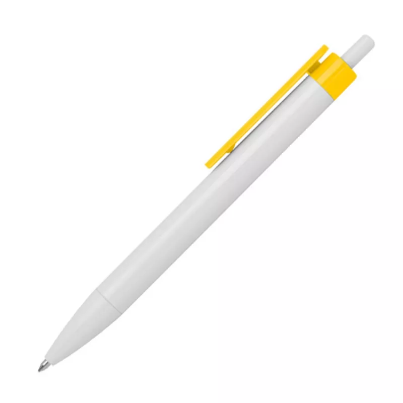 Biały długopis reklamowy z żółtym klipem idealny pod nadruk
