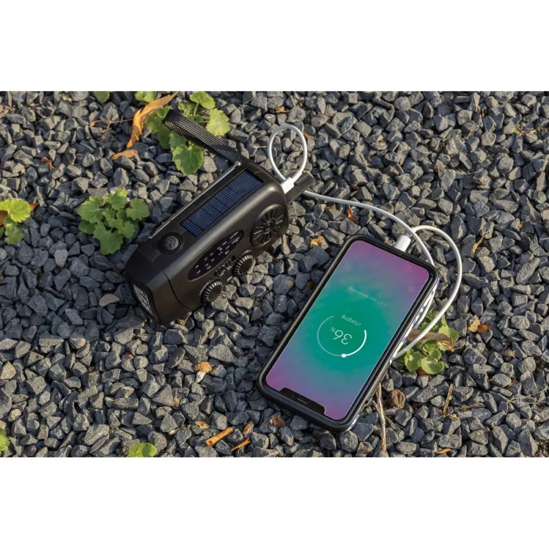 Radio survivalowe AM/FM, power bank 1800 mAh, latarka RescueWave - czarny (P326.4301)