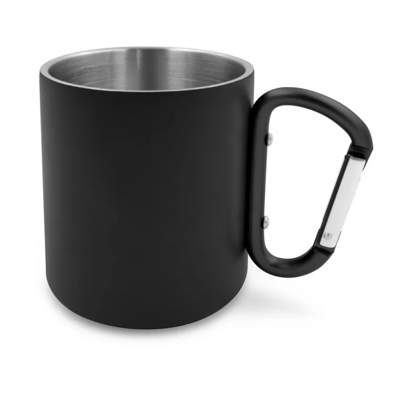 Kubek ze stali nierdzewnej z recyklingu, z podwójnymi ściankami, z karabińczykiem Pari 280 ml - czarny (V1405-03)
