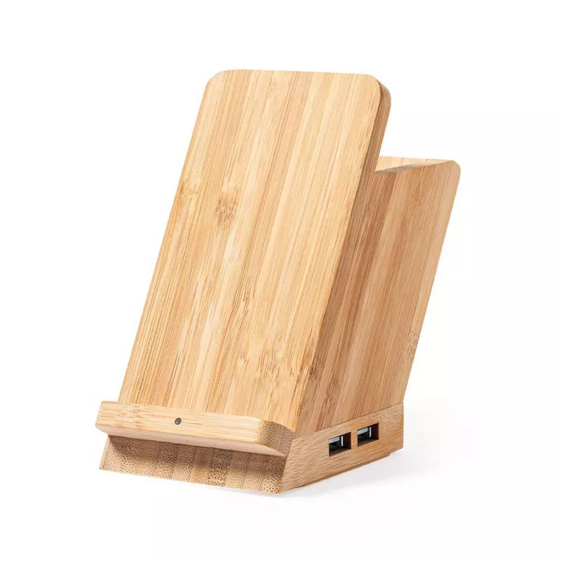 Bambusowa ładowarka bezprzewodowa 5W, 4 porty hub USB 2.0, pojemnik na przybory do pisania, stojak na telefon - jasnobrązowy (V0198-18)