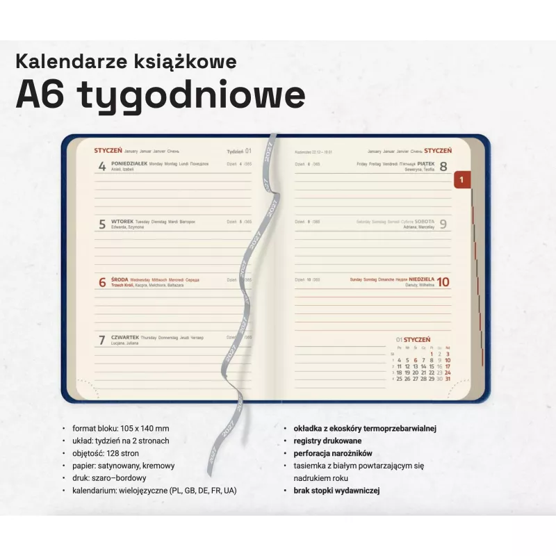 Kalendarz książkowy A6 TYGODNIOWY registry drukowane - Czarny z czerwonym (A6-TYG-KK61)