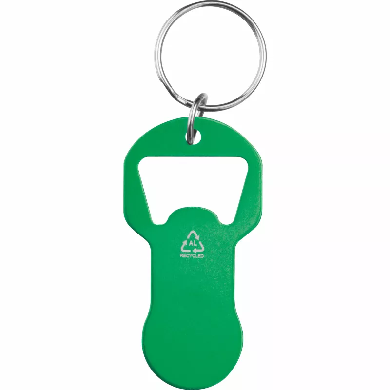 Brelok z otwieraczem do butelek i żetonem do wózka z aluminium z recyklingu OLIWIER - zielony (9544509)