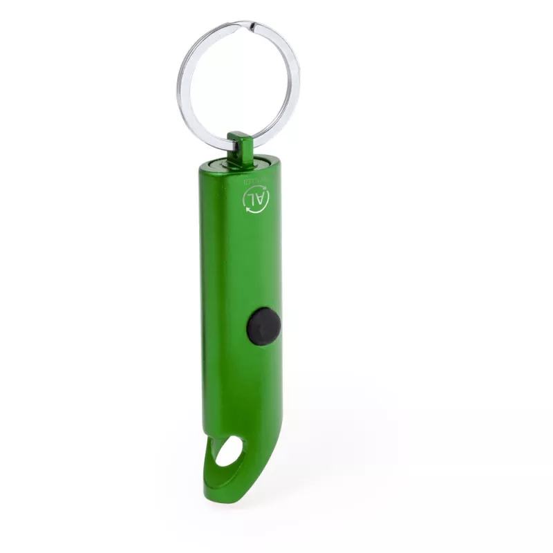 Brelok do kluczy z aluminium z recyklingu, otwieracz do butelek, lampka LED - zielony (V2106-06)
