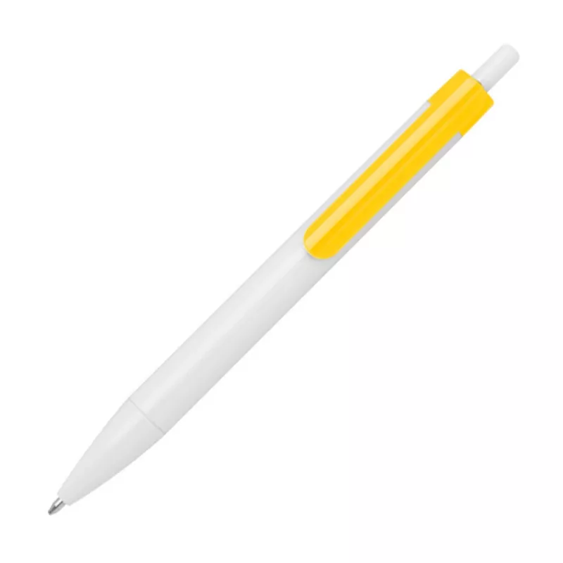 Biały długopis reklamowy z żółtym klipem idealny pod nadruk