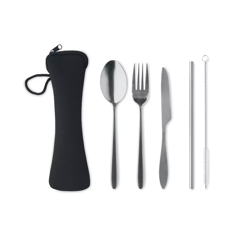 Sztućce stalowe ze słomką w etui 5 SERVICE - Czarny (MO6149-03)