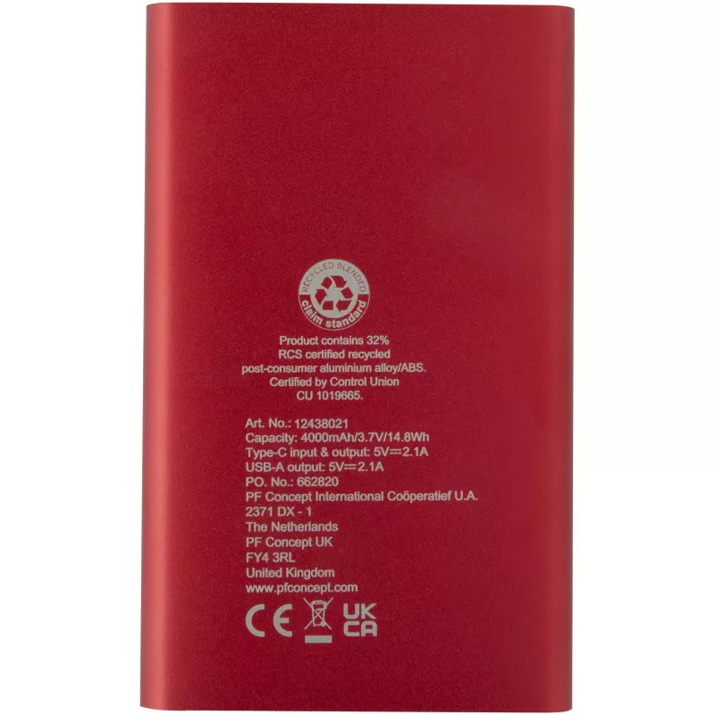 Pep powerbank o pojemności 4000 mAh Type-C z aluminium pochodzącego z recyklingu  - Czerwony (12438021)