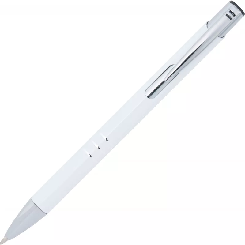 Biały długopis metalowy z trzema chromowanymi ringami idealne pod grawer reklamowy