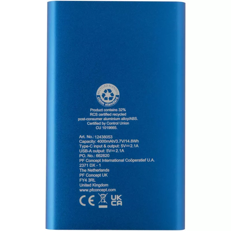 Pep powerbank o pojemności 4000 mAh Type-C z aluminium pochodzącego z recyklingu  - Błękit królewski (12438053)