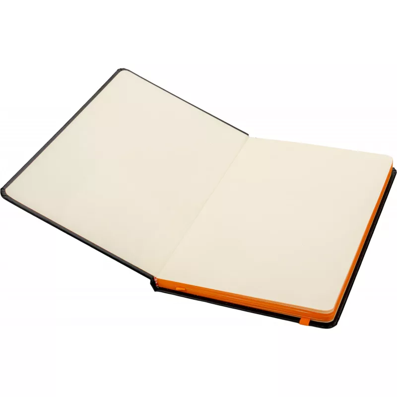 Czarny notes A5 z pomarańczową gumką i zakładką, krawędzie kartek pomarańczowe