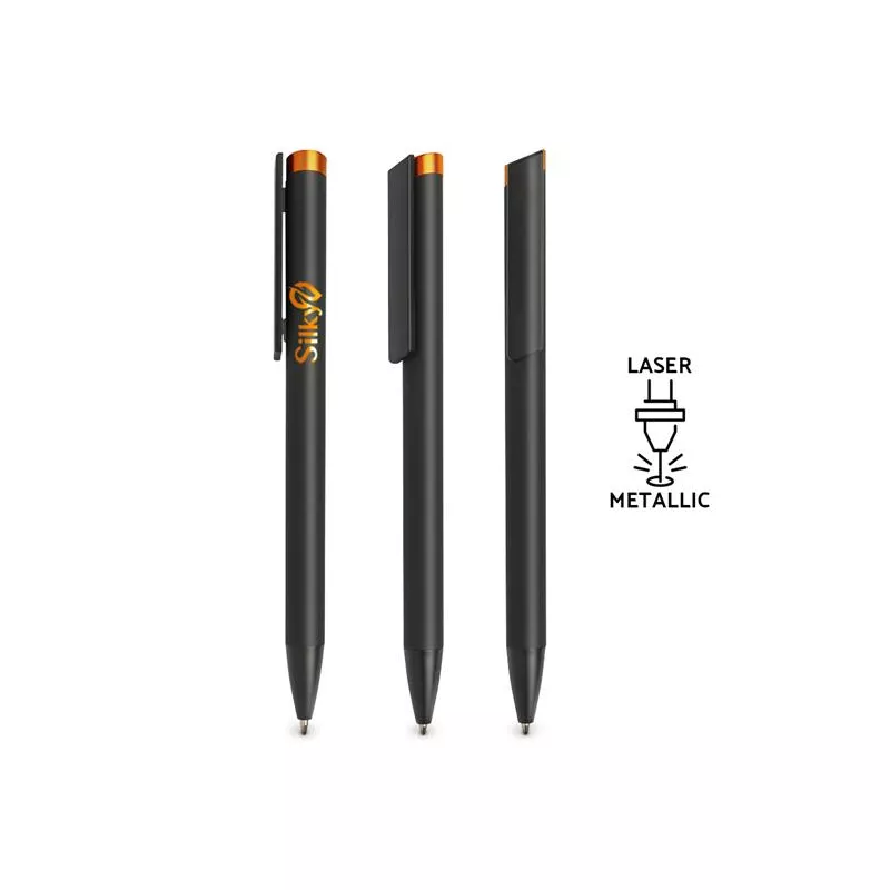 Czarny długopis metalowy z pomarańczowym przyciskiem