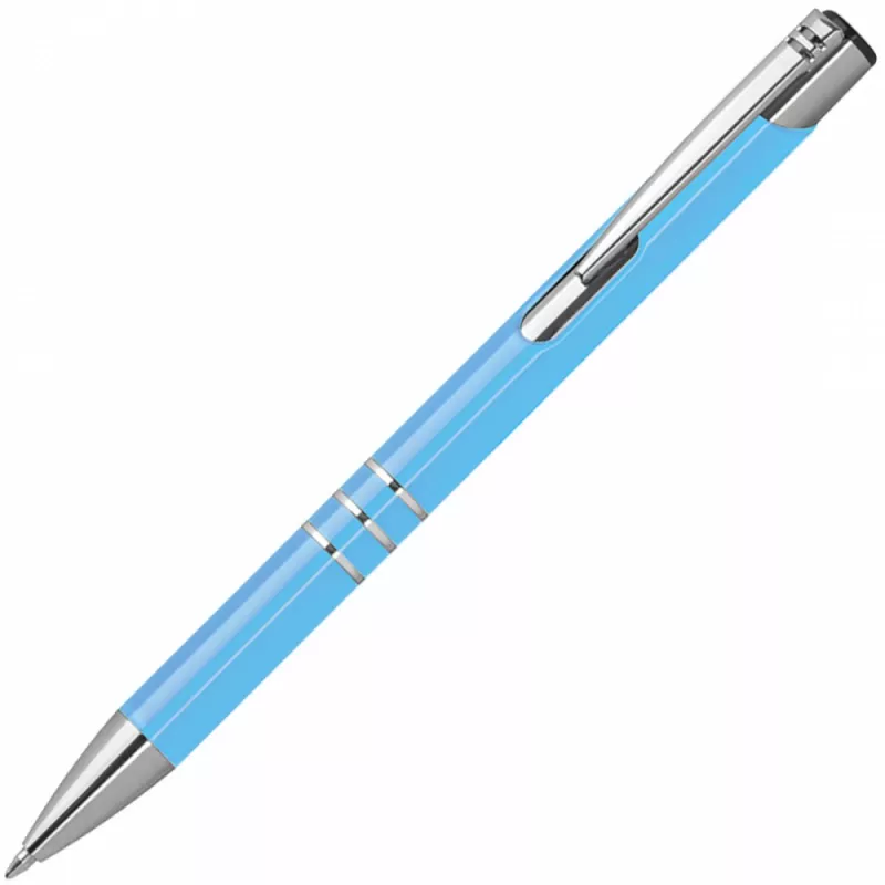 Jasny niebieski długopis metalowy z trzema chromowanymi ringami idealne pod grawer reklamowy