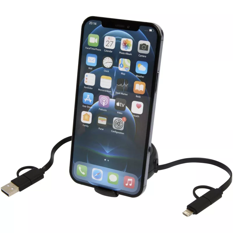 Alasia zwijany kabel do synchronizacji danych i szybkiego ładowania 5 w 1 45 W o długości 100 cm z tworzyw sztucznych i aluminium pochodzących z recyklingu - Czarny (12442090)