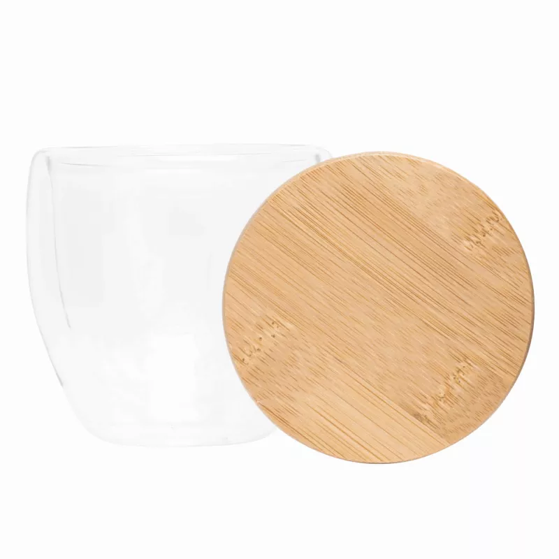 Dwuścienna szklanka z pokrywą z bambusa. Przezroczysta, odporna na temperaturę, o pojemności ok. 250 ml - transparentny (56-0304450)