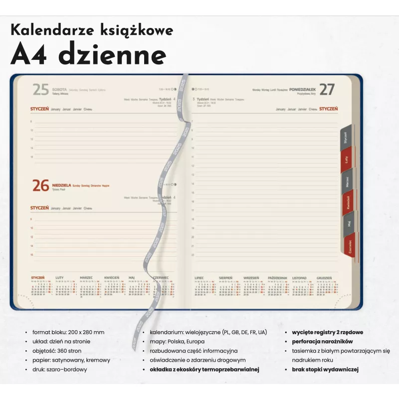 Kalendarz książkowy A4 DZIENNY z registrami - Granatowy z blaszką (A4-DZ-KK48)