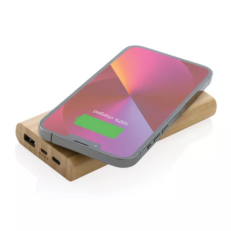 Bambusowy, bezprzewodowy power bank 8000 mAh, ładowarka bezprzewodowa 5W - brązowy (P322.359)