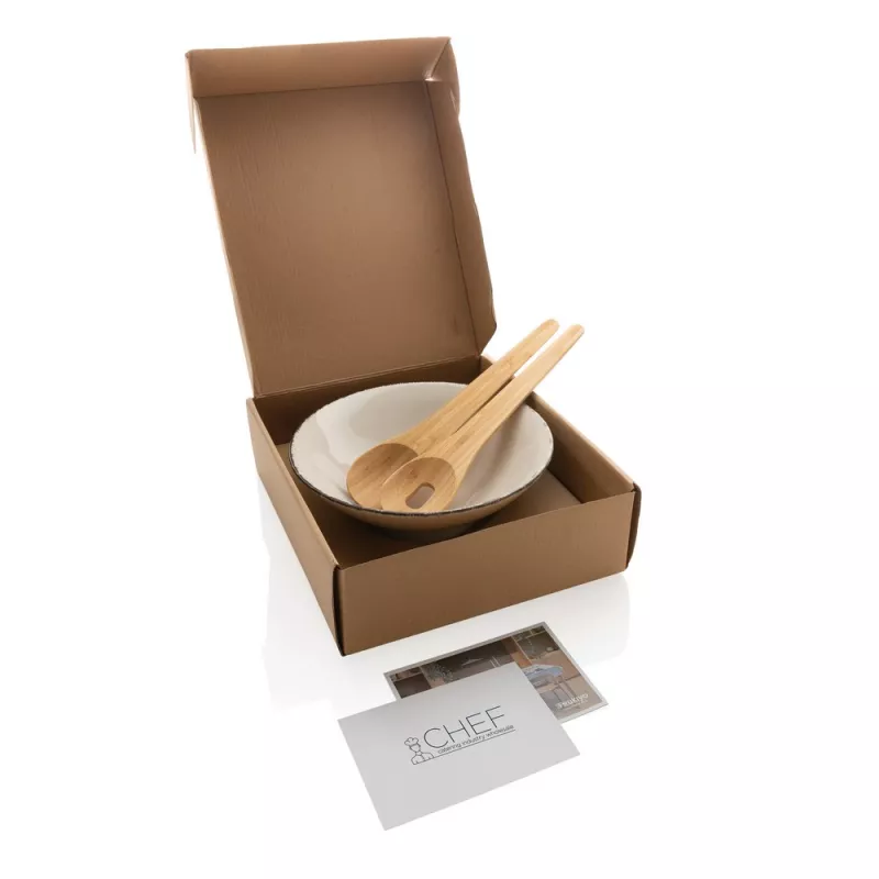 Miska do sałatki Ukiyo, bambusowe sztućce - biały, czarny (P263.091)