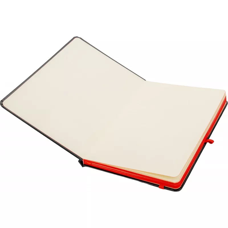 Czarny notes A5 z czerwoną gumką i zakładką, krawędzie kartek czerwone