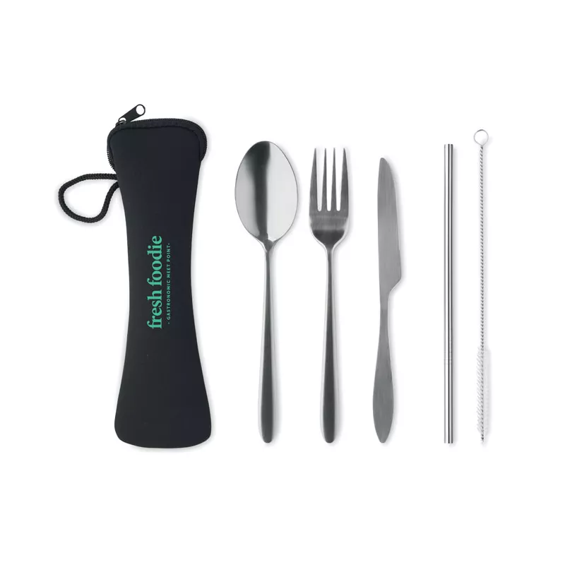 Sztućce stalowe ze słomką w etui 5 SERVICE - Czarny (MO6149-03)