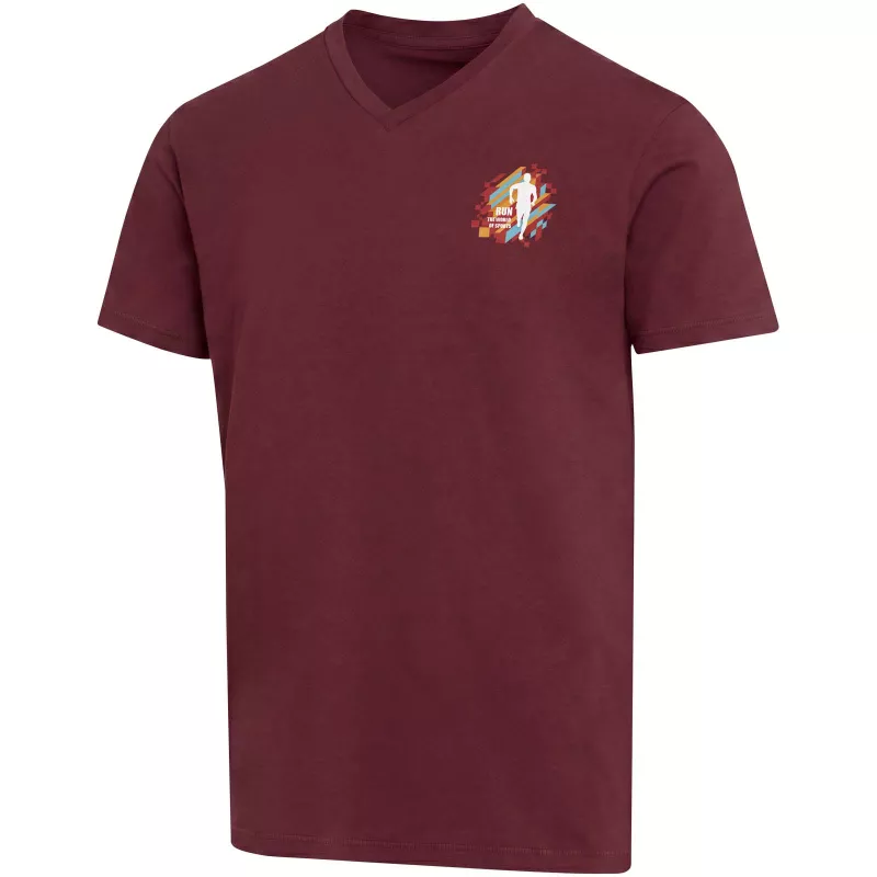 Balfour organiczna koszulka unisex z krótkim rękawem i dekoltem w serek, wykonana z materiału o gramaturze 200 g/m², z certyf - Głęboki bordowy (39665-DPBURGUN)
