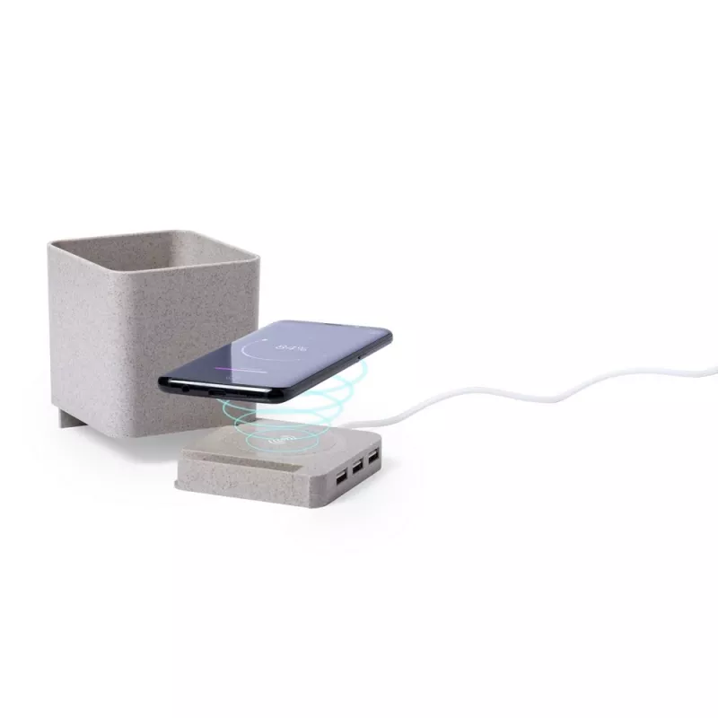 Ładowarka bezprzewodowa 5W ze słomy pszenicznej, hub USB 2.0, pojemnik na przybory do pisania, stojak na telefon - neutralny (V0116-00)