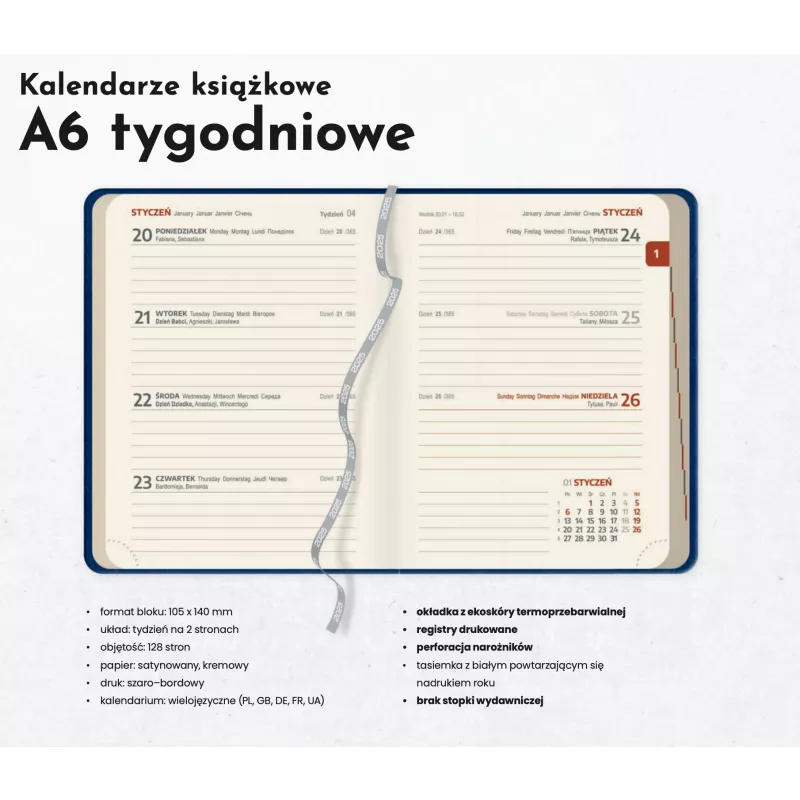 Kalendarz książkowy A6 TYGODNIOWY registry drukowane - Szary (A6-TYG-KK58)