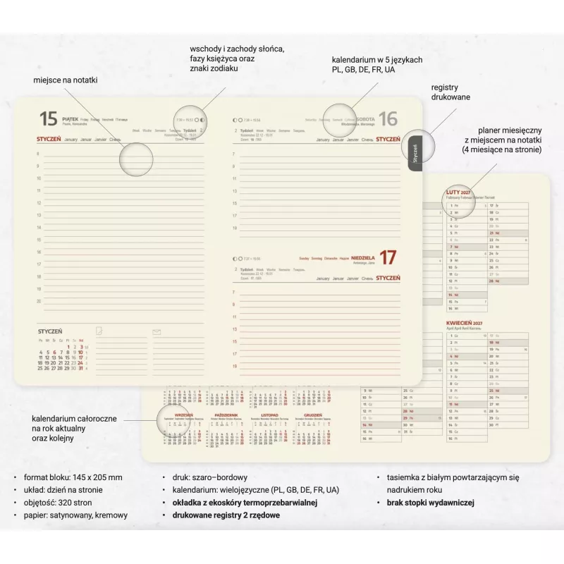 Kalendarz książkowy A5 DZIENNY, registry drukowane - KK1 Granatowy (A5-DZ/a-KK1)