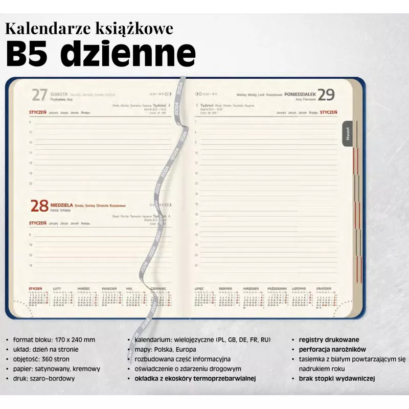 Kalendarz książkowy B5 DZIENNY, registry drukowane - różne kolory (B5-DZ-KK)