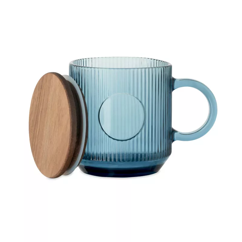 Kubek szklany prążkowany z pokrywką 300 ml VITRIO MUG - Przezroczysty Niebieski (MO2752-23)