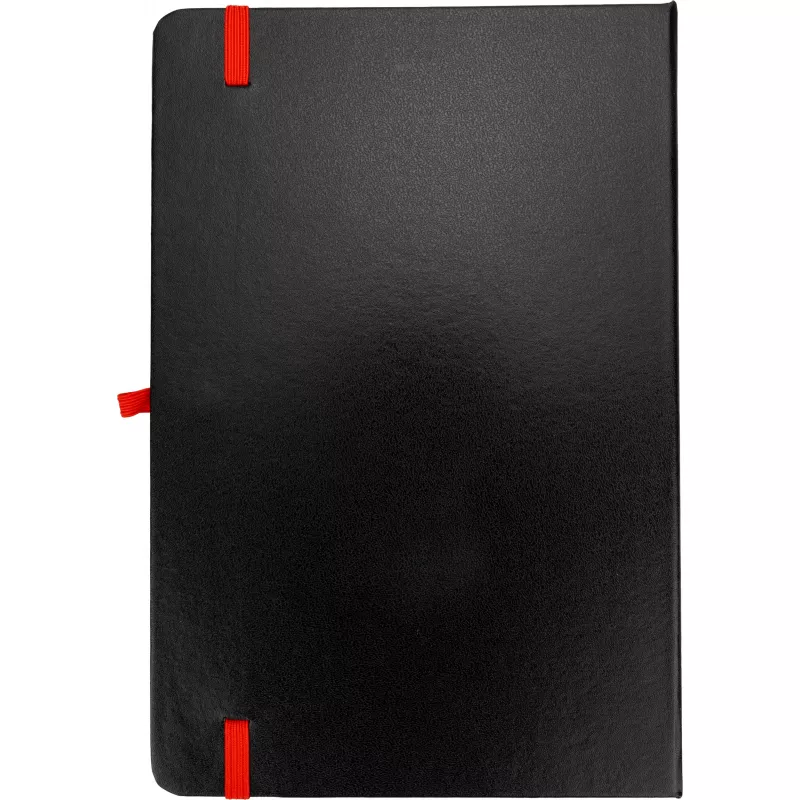Czarny notes A5 z czerwoną gumką i zakładką, krawędzie kartek czerwone