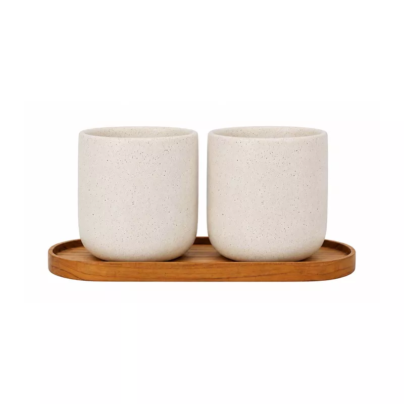 Zestaw składający się z owalnej drewnianej tacy Originalhome i ceramicznych kubków o pojemności 150 ml - Drewno (12643771)