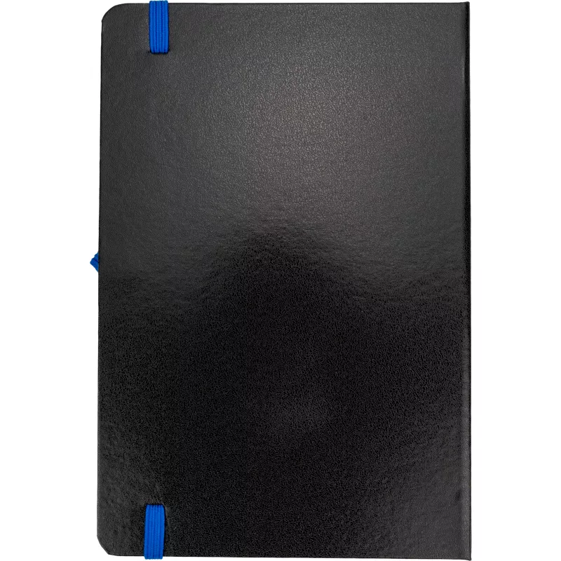 Czarny notes A5 z niebieską gumką i zakładką, krawędzie kartek niebieskie