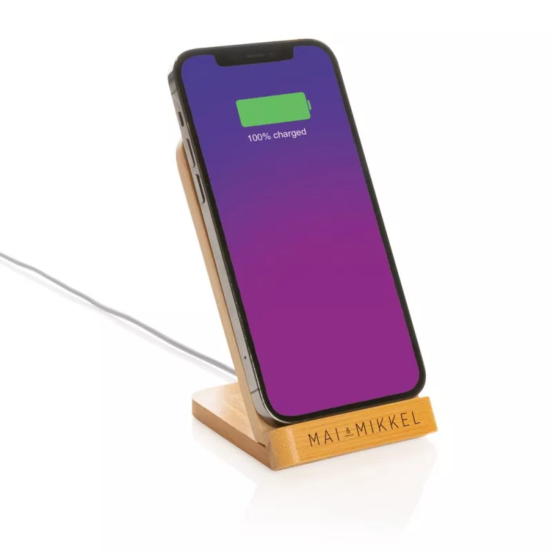 Bambusowa ładowarka bezprzewodowa 5W, stojak na telefon - brązowy (P308.359)