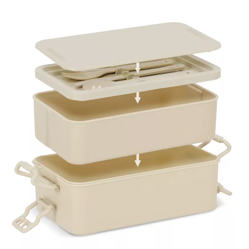Dwupoziomowe pudełko na lunch z sztućcami - beżowy (LT90426-N0055)