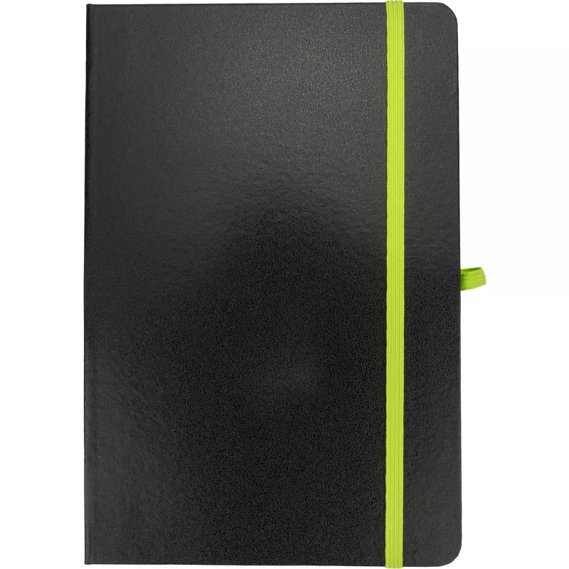 Czarny notes A5 z limonkową gumką i zakładką, krawędzie kartek limonkowe