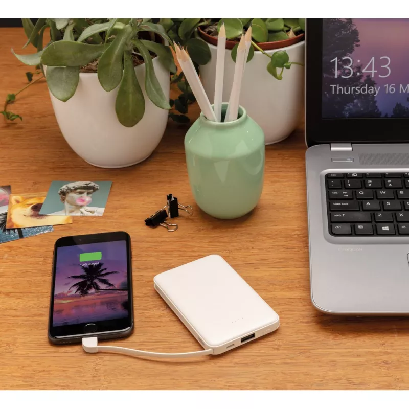 Power bank 5000 mAh, zintegrowany kabel 3 w 1 - biały (P322.083)