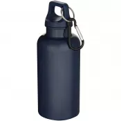 Navy Blue - Oregon butelka na wodę o pojemności 400 ml z w jednolitym kolorze z karabińczykiem, wykonana z tworzyw sztucznych pochodzących z recyklingu z certyfikatem RCS 