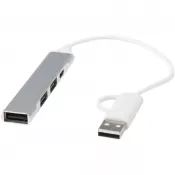 Srebrny - Alkaid 4-portowy hub USB-A i typu C z podwójnym wejściem wykonany z aluminium z recyklingu